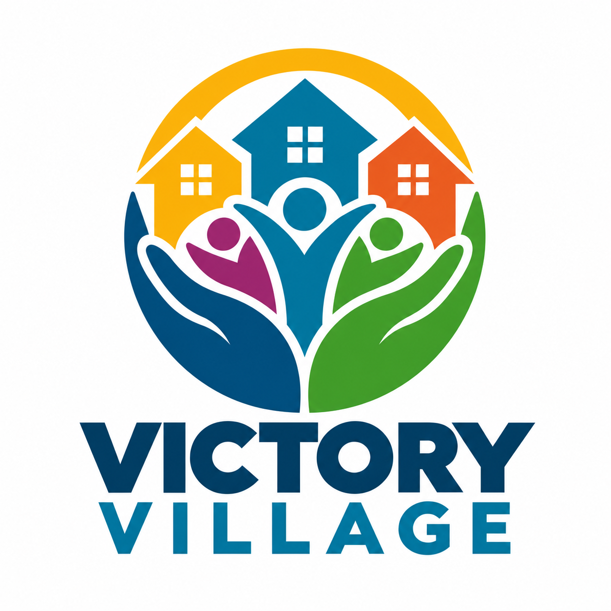 Victory Village homes and people held by helping hands